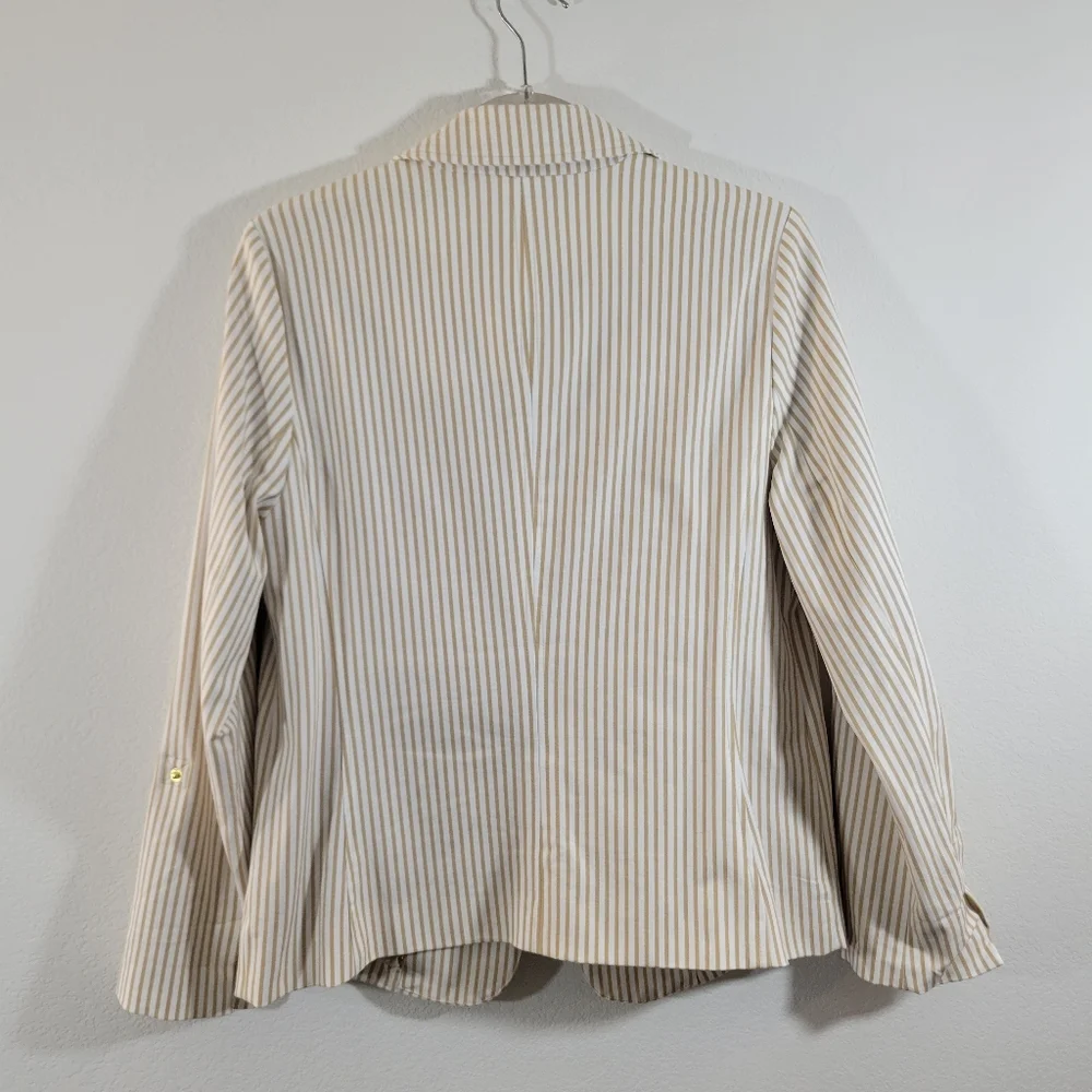 CHICO'S coastal tan striped cotton blend tab-sleeve single-button lined blazer